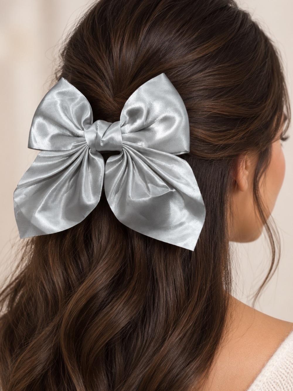 Sophi - NWT Oversized Gray Satin Bow Barrette Hair Clip